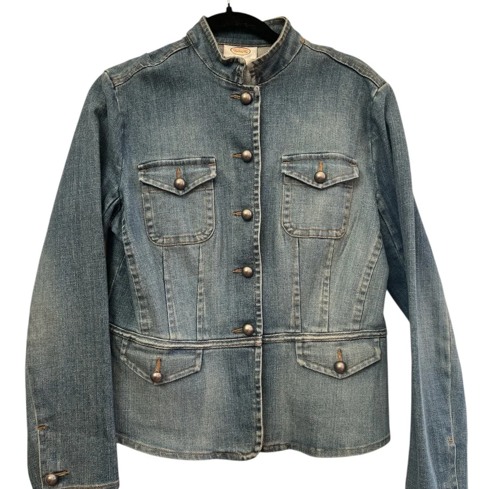 Talbots Stretch Cropped Denim Jacket Blue Military Style Button Front Size 12 - Picture 1 of 4